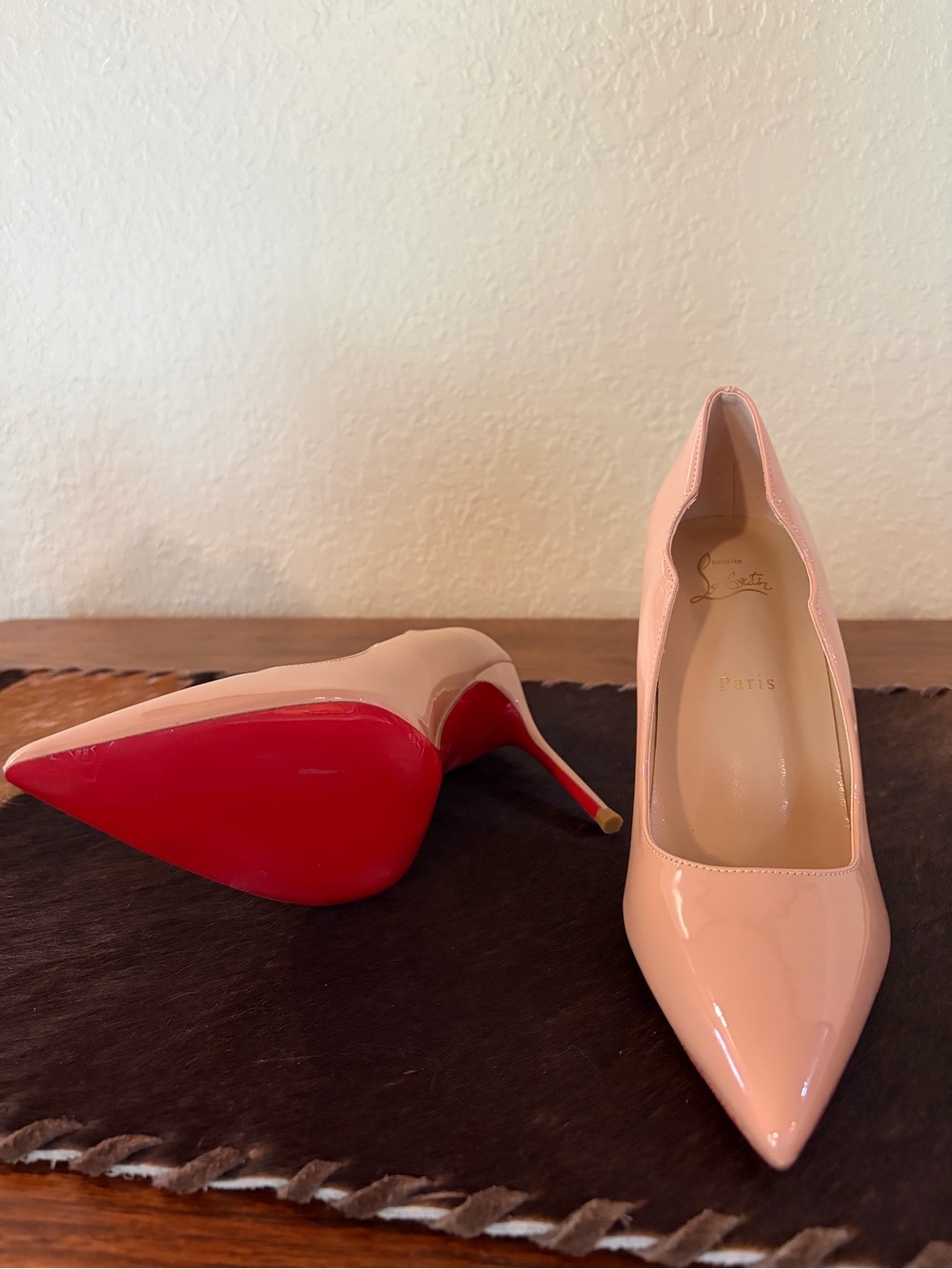 CL INSPIRED Nude Patent Leather Pointed Toe Pumps/Red Bottoms